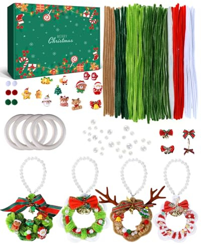 4 Pcs Weihnachts Perlenring Pfeifenreiniger Bastelset, DIY-Kranzschmuck-Set mit Perlen, Schleife für Baumschmuck, Innendekoration, Schulranzen, Kinderfest (4 Farben)