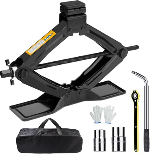 SHALL 2T Scissor Jack, Jack with 360° Rubber Pad, Lifting Height 100-380 mm, Reinforced and Thickened Steel Plate, with Ratchet and Rust Protection, for SUVs and Saloons