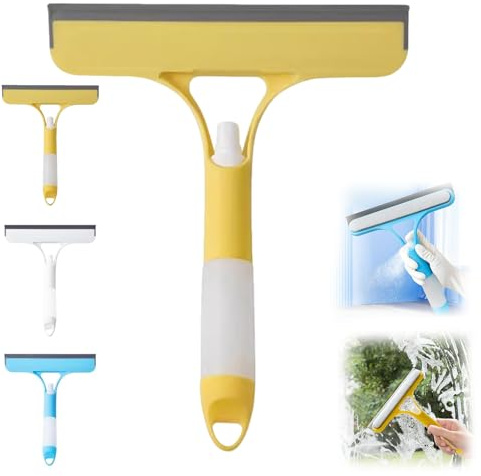 3 in 1 Window Cleaning Scraper, Window Squeegee with Spray, Window Scraper Glass Cleaning Wiper, Squeegee Cleaner with Spray Bottle for Car, Home Kitchen (Yellow)