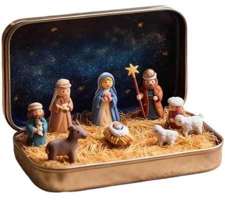 Mini Christmas Nativity Set in a Tin Box, Christmas Nativity Scene Set, Portable Pocket Nativitys Scene Figures Decoration Sets, 3D Resin Mini Religious Holy Family Jesus Figurines Ornaments