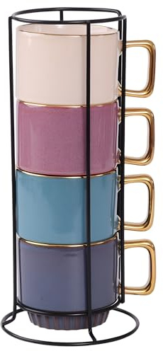 Festa Italia 4 x 320 ml Espressotassen Set aus Keramik mit Ständer - Stapelbar Espresso Tassen - Expresso Tassen Modern - Esspresotasen - Mokkatassen - Kaffeebecher für Espresso, Latte, Cappuccino