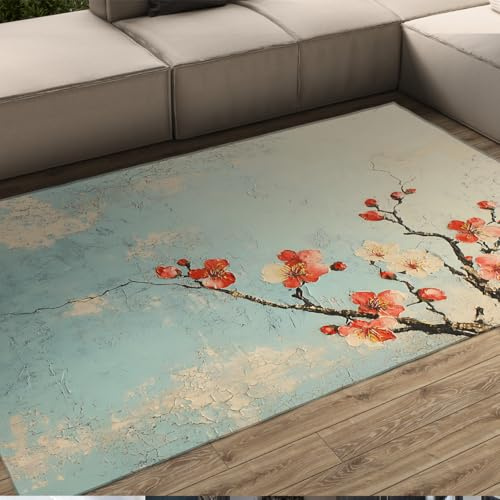 Alfombra Oriental Elegante para área Alfombra Chic y descuidada alfombras Ramas Flor Ciruelo Alfombra Fina Antideslizante Lavable para Dormitorio Patio Interior Decor Exterior Apartamentos 140x180cm