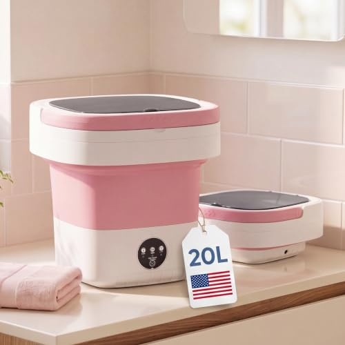 Mini lavatrice portatile, pieghevole da 21 l, secchio per biancheria compatto e silenzioso per dormitorio, appartamento, camper, campeggio e viaggi, rosa chiaro
