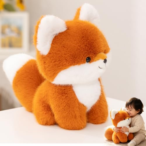 AQCQDQ Fuchs Kuscheltier, Plüschtier-Kissen für Kinder, Superweich, Niedlich, Flauschiger Stofftier zum Spielen, Geschenk & Kuscheln – Gemütliches Schmusetier (Hocke: 25 cm)