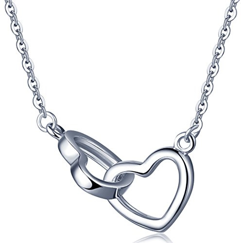 Yumilok Collares Clásico de Plata, Cadena y Brillante Colgante Doble Corazones