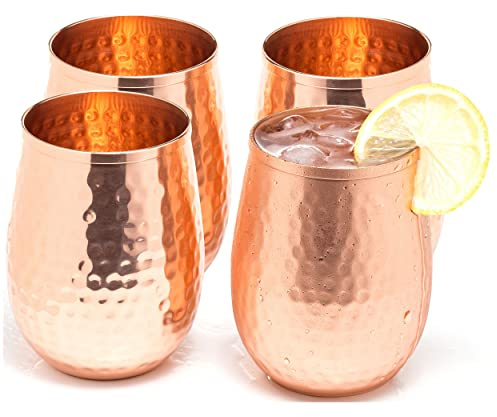 Kupfer Weingläser Set von 4 x 500 ml - Klauenhammer, glänzenden 100% massives Kupfer gehämmert Wein Weingläser ohne Stiel Becher - Tolles Tassen für rot oder weiß Wein und Moscow Mule