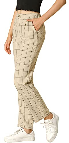 Allegra K Pantalon à Carreaux pour Femmes Taille élastique Pantalon de Travail décontracté Kaki XS