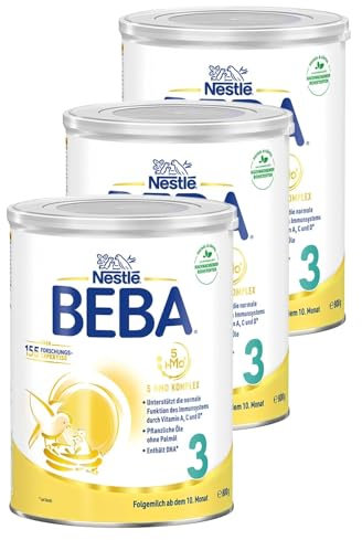 BEBA 3 - Folgemilch ab dem 10. Monat, Mit 5 HMO Komplex, Altersgerecht angepasster Proteingehalt, Nur Laktose, Ohne Palmöl, Ohne Fischöl, Babynahrung, Baby-Milchpulver, 3er Pack (3 x 800g)