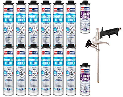 SET Dämmstoffkleber 12 Dosen 750ml Klebeschaum Perimeterkleber Kleber für Dämmung + 2 Reiniger + 1 Schaumpistole