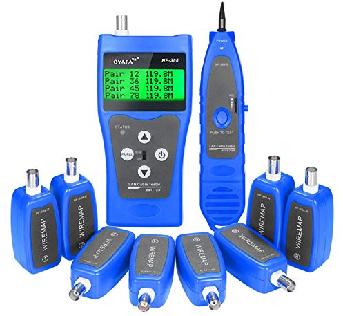 SATMW Multi-Functional LCD Network Cable Tester Wire Tracker RJ11 RJ45 BNC Wire Length Finder Line Finder LAN Cable Tester with 8 Remote Adapters - Blue