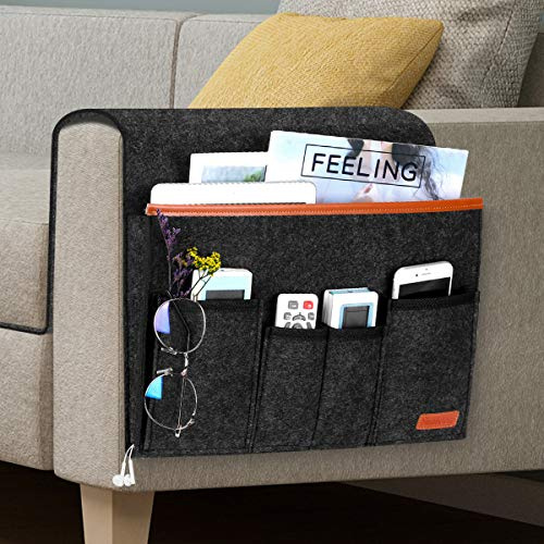 SIMBOOM Organizador de Sofá Silla, Soporte para Controles remotos, Bolsa de Almacenamiento para Reposabrazos Antideslizante con 5 Bolsillos, para Revistas Teléfono, Libros, Gafas(Negro)