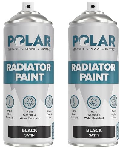 Polar Satin Black Radiator Spray Paint - 2 x 400ml | Heat Resistant up to 100ºC | Quick Drying & No Primer needed | Exterior Surfaces of Radiators & Hot Water Tanks | Heat Resistant Radiator Paint