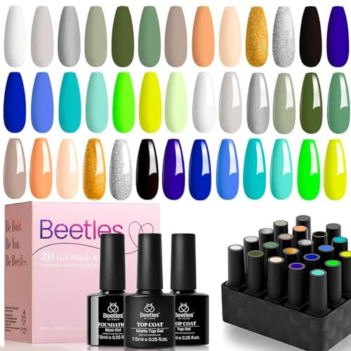 Beetles 20 Pcs Gel Nail Polish Kit - Gray, Green, Blue, Orange Glitter Gel Polish Set with Glossy & Matte Top Coat Nail Art Manicure Gifts for Women