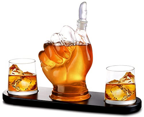 Thumbs Up Whiskey Dekanter Set – mit zwei 284 ml Whisky Gläsern – auf reichhaltigem Holz Mahagoni Basis Tablett – BusinessGeschenkset – WhiskeyWeinspender für Likör, Scotch, Bourbon, Wodka – 907