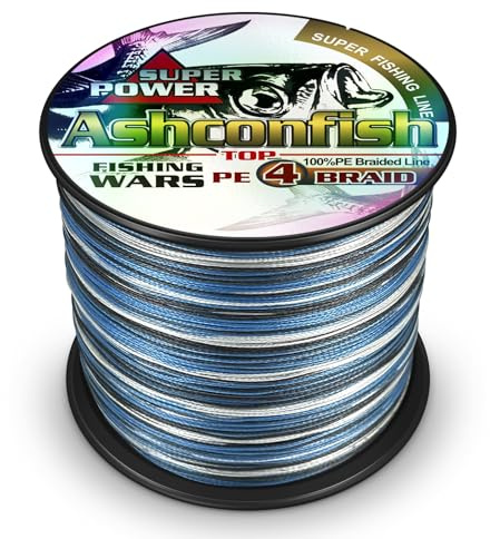 Ashconfish Geflochtene Angelschnur, 4 Stränge, superstarker PE-Angeldraht, schwer, zugfest, für Salzwasser- und Süßwasserangeln, Abriebfest, Keine Dehnung, 300 m, 6,8 kg, Blaue Tarnung