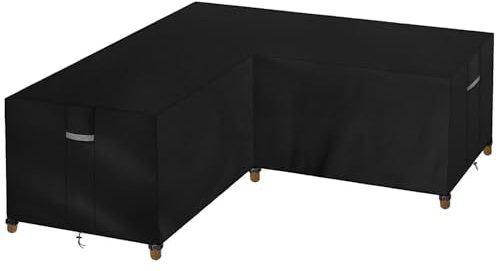 Dokon Gartenmöbel Abdeckung L-Form, Schutzhülle für Lounge Ecksofa Outdoor | Robustes Oxford, Wasserdicht Beschichtet, Winddichte Gurte, Kordelzug, Verdeckte Lüftung, UV-Schutz, 215x215x85cm, Schwarz