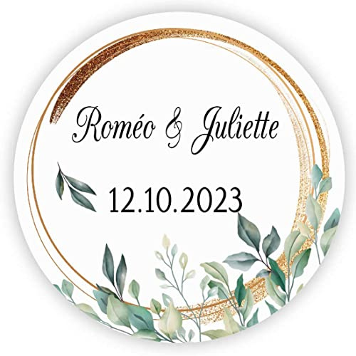 MameArt 50stk 4cm Personalisiert Hochzeit Aufkleber, mit Namen und Datum Sticker für Hochzeit Gastgeschenk Taufe Kommunion Geburtstag Feste Geschenke Präsente (Kranz H), (3AL0101A)