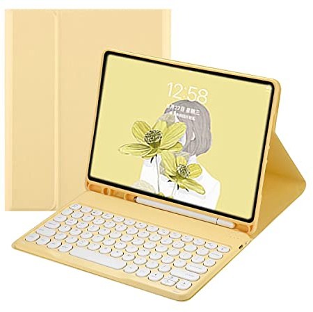 QYiiD Funda para Teclado para iPad 6, iPad 5, Air 2 Pro de 9.7 Pulgadas, Teclado Redondo, Funda iPad 6ª 5ª Libro con Soporte para lápiz, Teclado inglés Desmontable para iPad 9.7 2018/2017, Amarillo