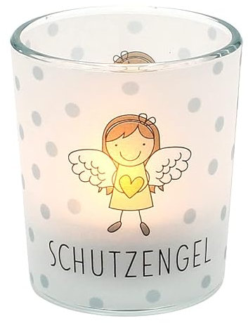 ***Windlichtglas mit Motiv auf Einer transparenten Banderole, inkl. 1 Teelicht, H/Ø: 6,5 x 6 cm, Motiv: Schutzengel.