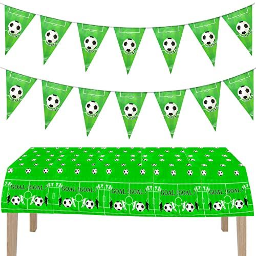 220*130cm Football Party Disposable Tablecloths With 2.5Meters Triangle Flags Banner GOAL World Cup Soccer Party Bunting Plastic Tablecloth,World Cup UK Football Tablecover for Boys Football Game