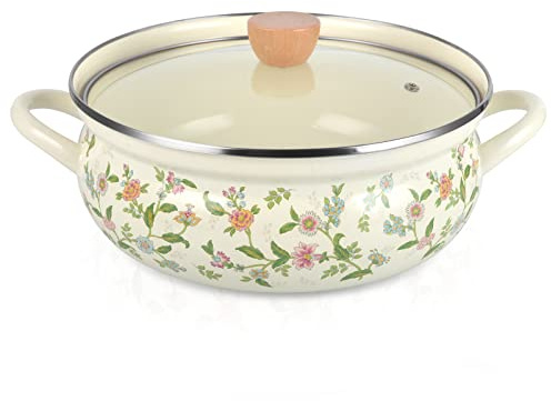 Enamel Stock Pot with Lid, Floral Retro Cooking Pot for Stove Non Stick Soup Pot, Induction Pasta Pot, All Stove Compatible (STYLE1)
