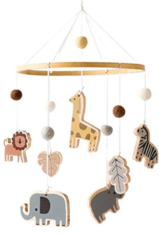 Sarah Duke Mobile Baby Hölz Babybett Mobile Baby Windspiel Filzbällen Elefant Giraffe Löwe Babyzimmer Holz Gehäkelt Mobile Baby Neugeborene Jungen Mädchen Anhänger