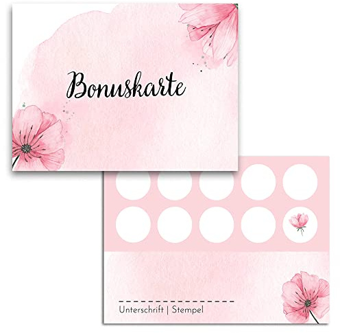 Blanko Bonuskarten zum Abstempeln - Hochwertige Stempelkarten für Unternehmen, Firmen & Gastronomie (50x Stück, Blumen)