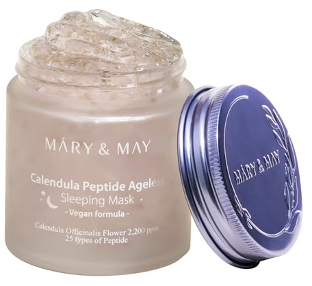 Mary&May Vegan Calendula Peptide Ageless Sleeping Mask 110g, Deep Hydration, Calendula petals, 25 types peptide, Hyaluronic, Gel type, Korean Facial Mask, marynmay Y