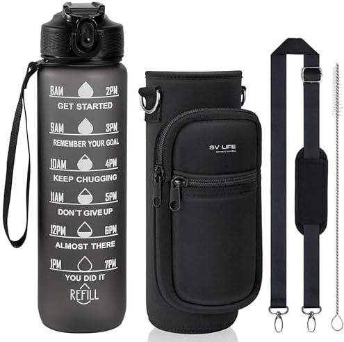 SV life Motivierende Wasserflasche 1L | inkl. Neopren Hülle mit Taschen, Riemen, Stroh, Bürste | Wasserdichter Automatischer Stopper mit Sichloss | Trinkflasche für Gym, Sport, Trekking | BPA-frei