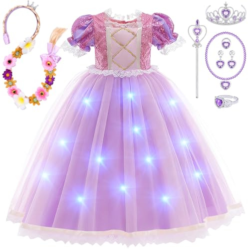 Tacobear Leuchtend Prinzessin Kostüm Kleid für Mädchen LED Prinzessin Lila Festkleid mit Verkleidung Perücken, Zauberstab und Krone Verkleidung Geburtstag Party Weihnachten Halloween Karneval Cosplay