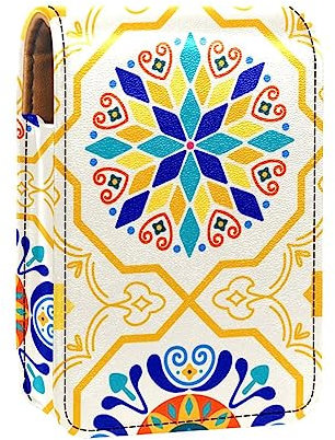 Damen-Make-up-Lippenstift-Etui aus PU-Leder, Lippenstift-Etui mit Spiegel, süßes tragbares Make-up-Reiseetui für Geldbörse, Lippenstift-Halter,Ethnische Geometrie des marokkanischen türkischen Musters