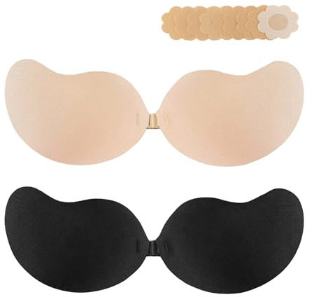 Soutien-gorge push-up super collant invisible auto-adhésif dos nu réutilisable, Noir + beige., D