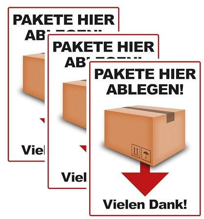 SL group - 3 Schilder Paket hier ablegen! Vielen Dank! in 20 x 30 cm aus extra stabiler PVC Kunststoff-Platte - Ablage- & Abladestelle Hinweisschild für Postbote, Paketdienst & Paketzusteller