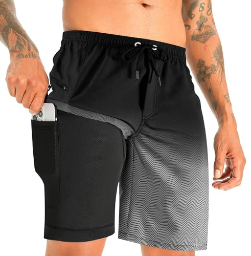 APTRO badbyxor för män badshorts med kompressionsfoder 2 i 1 kortshorts med blixtlåsfickor surfing sport 23 cm, Gradient svart Mk352, L
