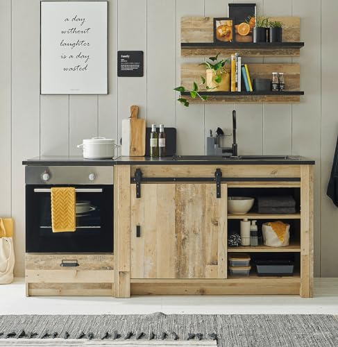 Furn.Design Küchenzeile in Used Wood hell und grau/anthrazit Küchenschrank Set 4-teilig Singleküche Landhaus-Stil 196 x 180 cm Stove (Set 1)