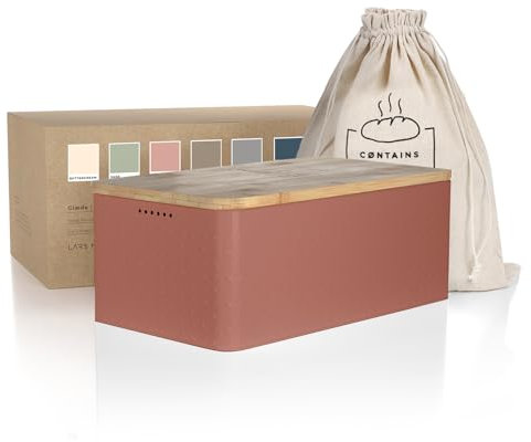 LARS NYSØM Portapane con sacchetto per il pane incluso in lino I Cassetta per Pane con freschezza particolarmente duratura I Portapane con coperchio in bambù adatto come tagliere (Brick Red)