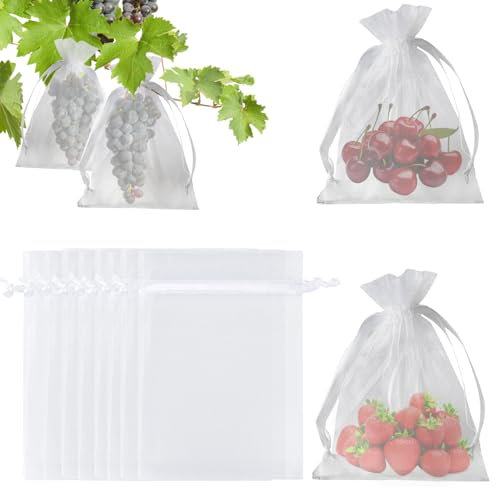 KINGLAKE 50Pcs Fruit Protection Bags, 10x15cm White Organza Gift Bags Medium, Garden Plant Protect Insects Barrier Mesh Net for Fruits Tree Strawberry Plum Vegetables