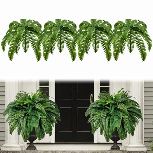 JOYWU Artificial Boston Ferns,4 Pcs UV Resistant Faux Boston Ferns for Outdoor,58cm Large Fake Ferns,28 Leaves for Each Bouquet Faux Ferns,Fake Ferns Shrubs for Home Garden Porch Decoration