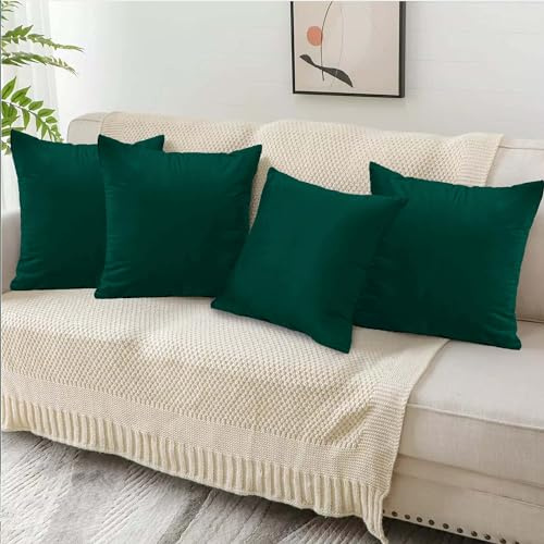 BedLooms Cushions with Covers Included 45 x 45 Cm Set of 8 (4 Emerald Cushion Covers, 4 Cushion Inserts) - Plain Velvet Square Throw Pillows Decorative Sofa Cushion with Invisible Zipper, 18x18 Inch