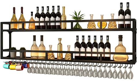 Metal Bar Shelves Wine Rack Wall Mounted Liquor Bottle Display Shelf with Wine Glass Rack and LED Light Kitchen Racks for Wine Bottles Floating Bar Mini Bar for Home Bar Restaurant Cafe Kitchen(Black,