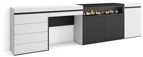 Skraut Home | Sideboard, Kommode | Aufbewahrungsschrank | 277x75x35 cm | Für Schlafzimmer, Zimmer | Elektrokamin. | Kommode mit Schubladen | Schminktisch | Moderner Stil | Weiß