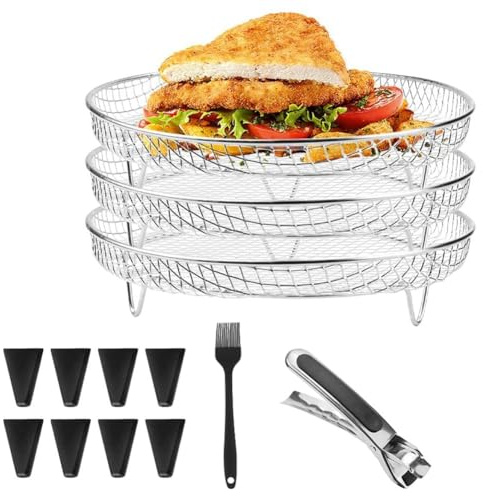RANJOVER Air Fryer Rack Round 3 Layer Stackable Dehydrator Racks Silver & Black Air Fryer Accessories