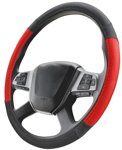 Upgrade4cars Couvre Volant Camion 44-46 cm Noir Rouge Simili Cuir | Housse de Protection Furgon Taille Universel | Accessoires Voiture Decoration Interieur Protege