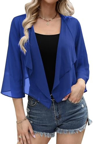 Aottori Women's Sheer Bolero Cardigan Lightweight 3/4 Sleeve Open Front Shrug Jacket Blue Summer Cover Up for Casual Evening Dresses Blue XXL