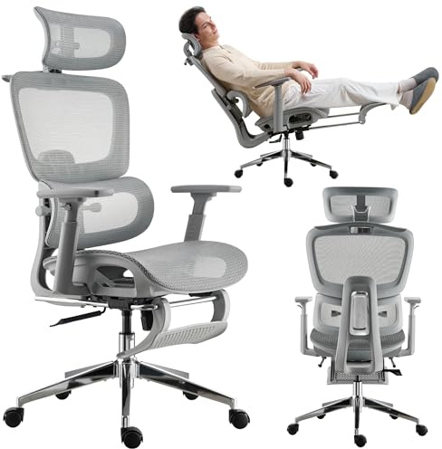 hujusko Mesh Ergonomic Office Chair with Footrest, High Back Mesh Gaming Chair with Lumbar Support, Adjustable Headrest and Armrests for Home Office Desk Chair (Modern, Grey)