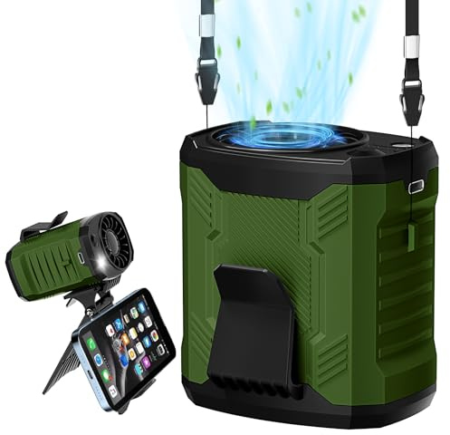 COTOP Portable Waist Fan Clip on,7000RPM USB Rechargeable Wearable Shirt Belt Fan 4 Speeds Personal Cooling with Flashlight & Phone Stand for Summer Travel Camping Hiking-Green