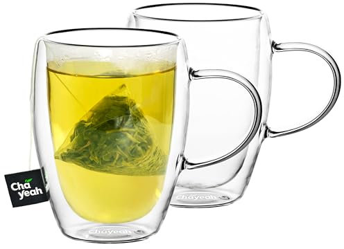 ChaYeah, Double Wall Glasses, 12 OZ Insulated Cups with Handle, Perfect for Tea, Coffee, Water, and More (Set of 2)