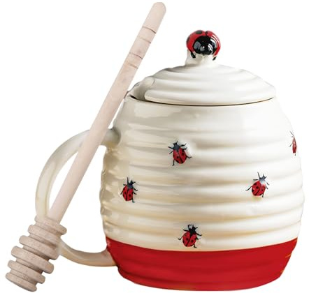 Mageeki Ceramic Honey Jar with Dipper, Ladybug Pattern Honey Pot and Drizzler, Porcelain Honey Storage Jar with Lid for Home and Kitchen Use