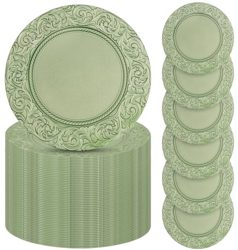 HuaShuani 100 Pcs Charger Plates Bulk, 13 Green Round Dinner Charger Plates for Wedding Party Baby Shower Holiday Event Table Setting Decoration, Reusable Plastic Material