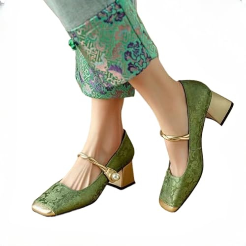 Zapatos de noche Mary Jane de primavera y verano con tacón medio grueso y tacón bajo con punta cuadrada zapatos de vestir clásicos para mujer (Verde,40)